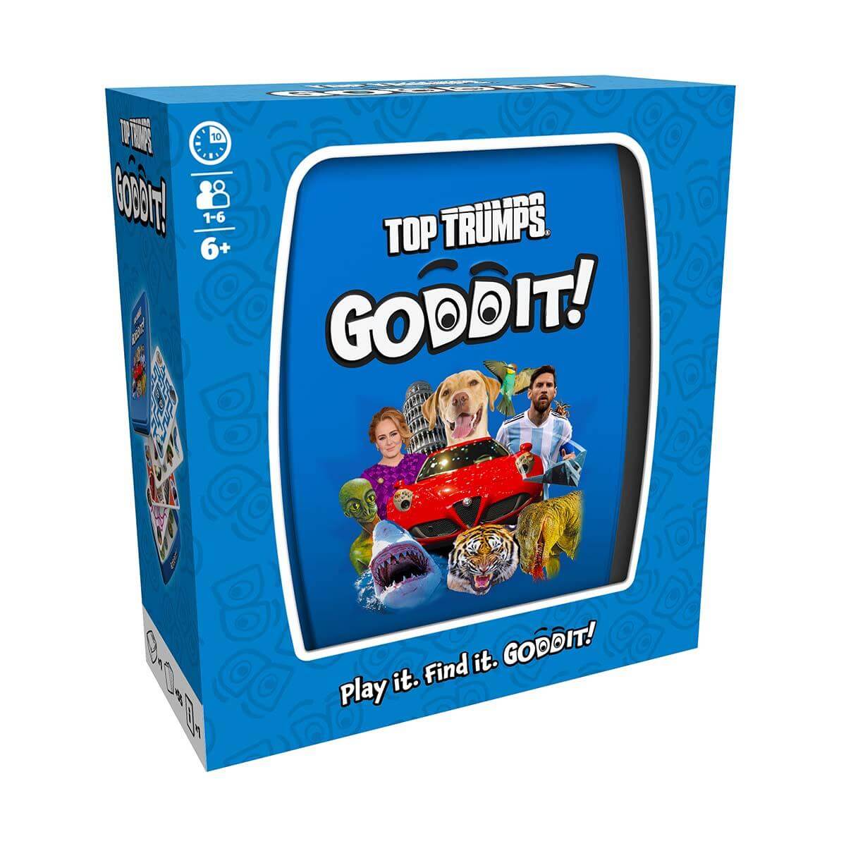 Goddit! Top Trumps Card Game box featuring colorful graphics and puzzle elements, showcasing fun gameplay.