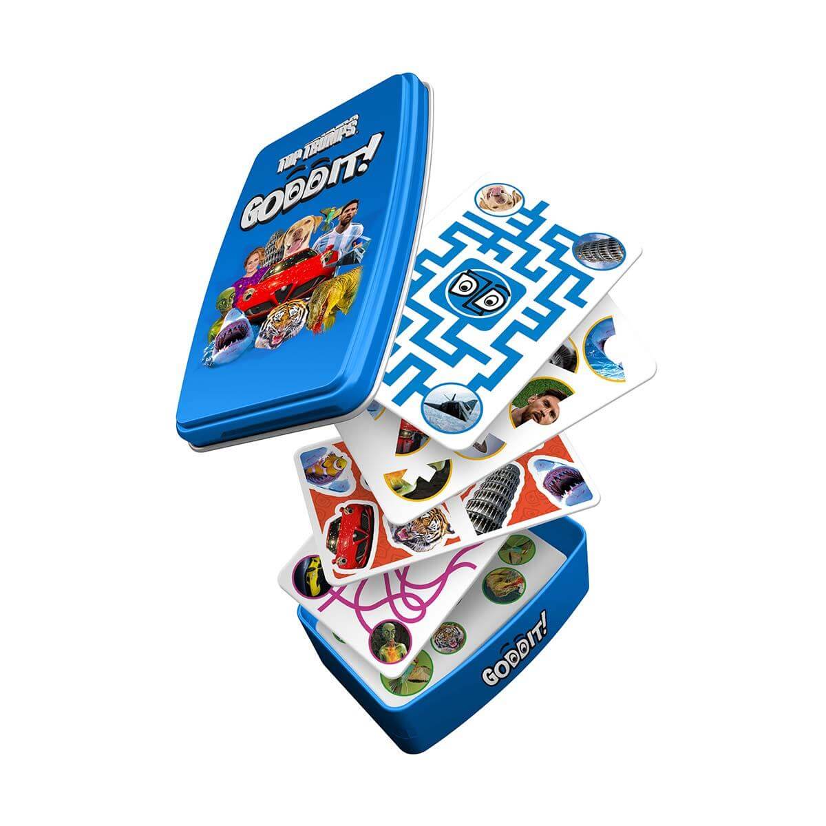 Goddit! Top Trumps Card Game packaging with cards showcasing brain-teasing puzzles and vibrant graphics.
