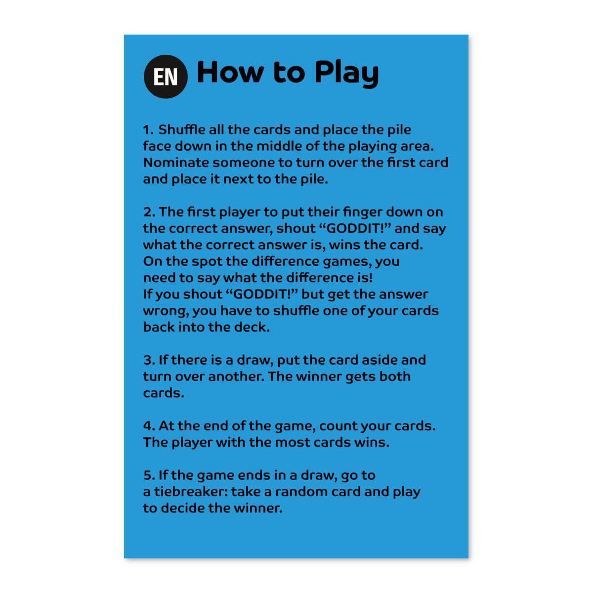 Instructions on how to play Goddit! Top Trumps Card Game, featuring steps and gameplay rules.