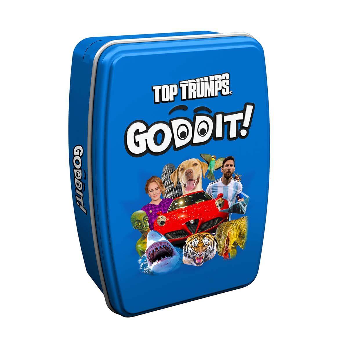 Goddit! Top Trumps Card Game packaging featuring colorful images of characters and animals.