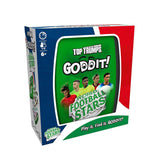 Goddit! World Football Stars Top Trumps Card Game box packaging featuring football imagery and game details.
