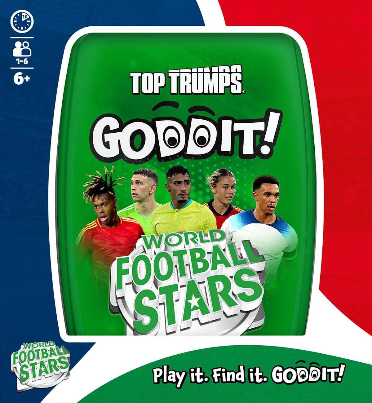 Goddit! World Football Stars Top Trumps Card Game packaging featuring players and the game title.